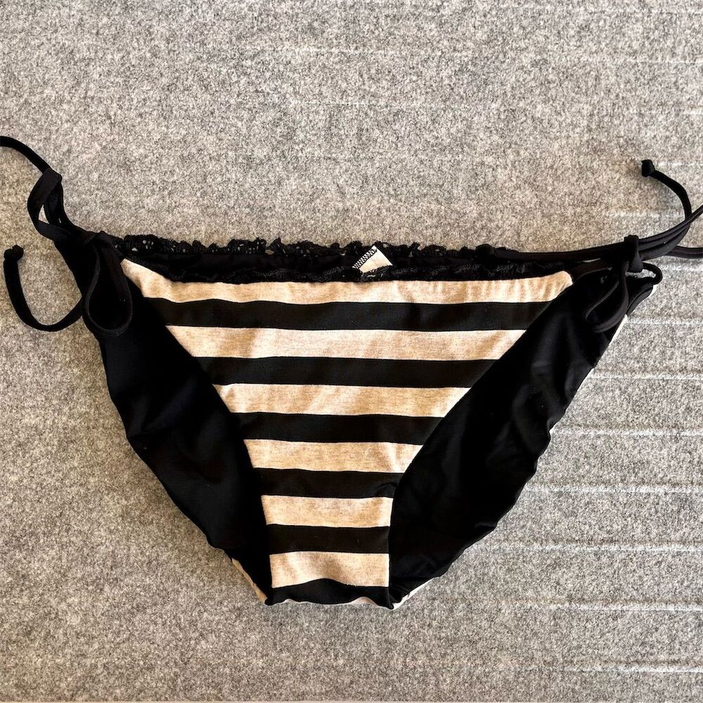 Side Tie Bikini Women's Striped Hipster Bottom M Black Beige adjustable! BECCA